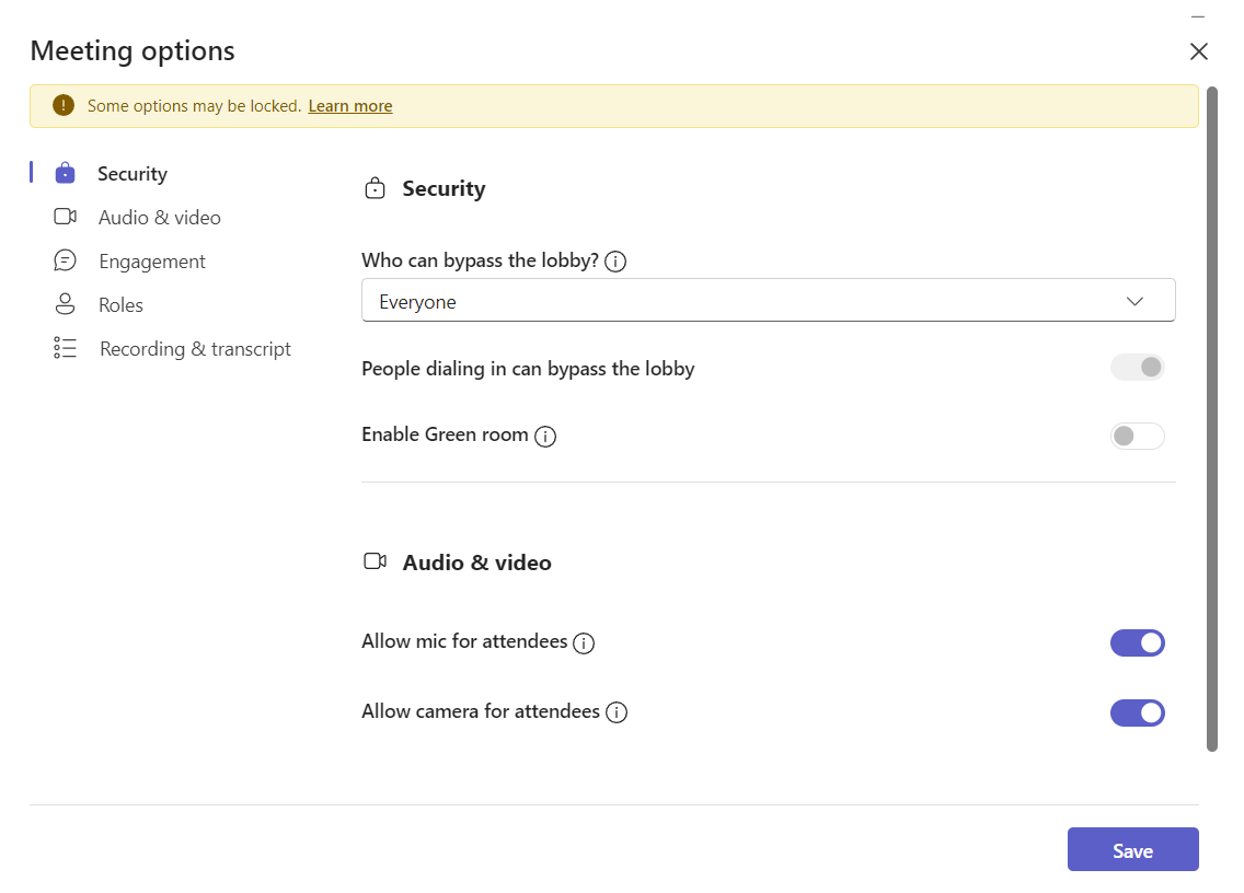 Meeting settings window